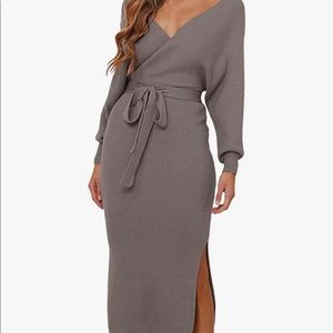 Fixmatti Women’s Elegant V-Neck Body-con Wrap Maxi Sweater Dress, Size Medium
